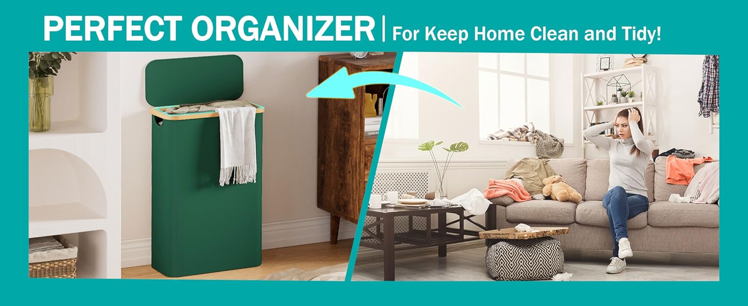 Кошик для білизни Youdenova з кришкою, 48л, вузький, з мішком, сортувальник, бамбук, білий