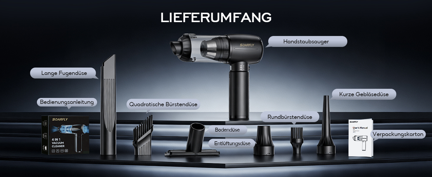 Акумуляторний ручний пилосос SoarFly 4 в 1, 25000Па, бездротовий міні-пилосос для авто, дому та ПК з безщітковим двигуном, LED-підсвіткою та набором щіток, чорний