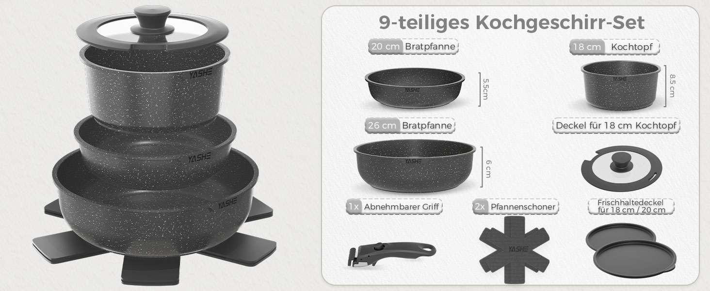 Набір каструль та сковорідок YASHE 9 шт. з антипригарним покриттям, білий (сірий), для всіх плит, знімний ручка, сумісний з духовкою, компактний, економія місця