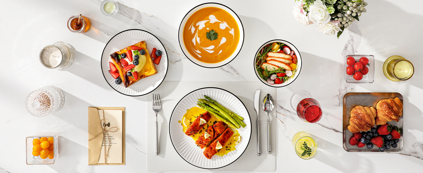 Набір посуду MALACASA LEILA 6 осіб, 24 частини: тарілки, миски, порцеляна, білий з чорним обідком