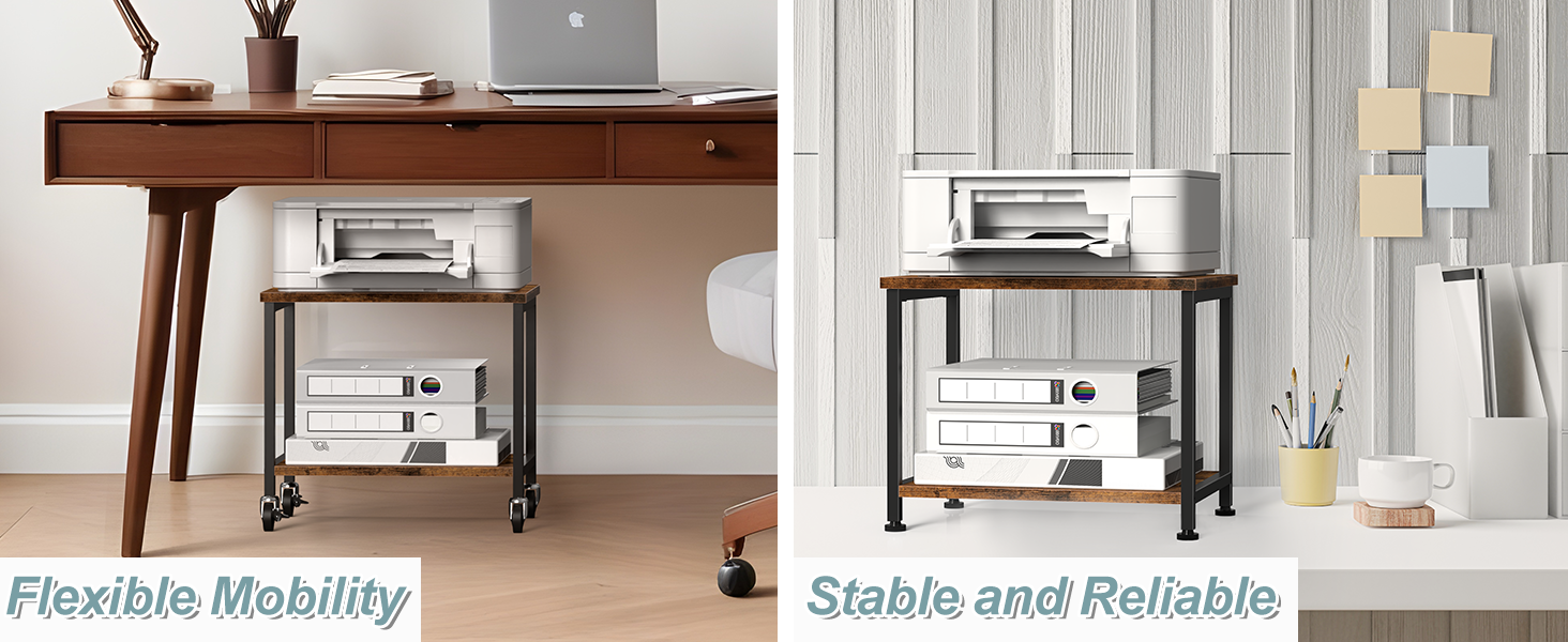 Двоярусний столик для принтера з роликами, 30x42x37 см, дерев'яний та металевий, мобільний, для офісу та вітальні (колір: коричневий)