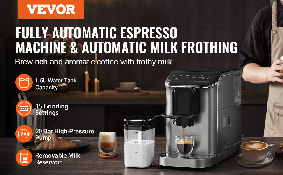 VEVOR Кавомашина автоматична, вбудована кавомолка, 15 ступенів помелу, резервуар для води 1,5 л, контейнер для кавових зерен 180 г (CM9002M-CB)
