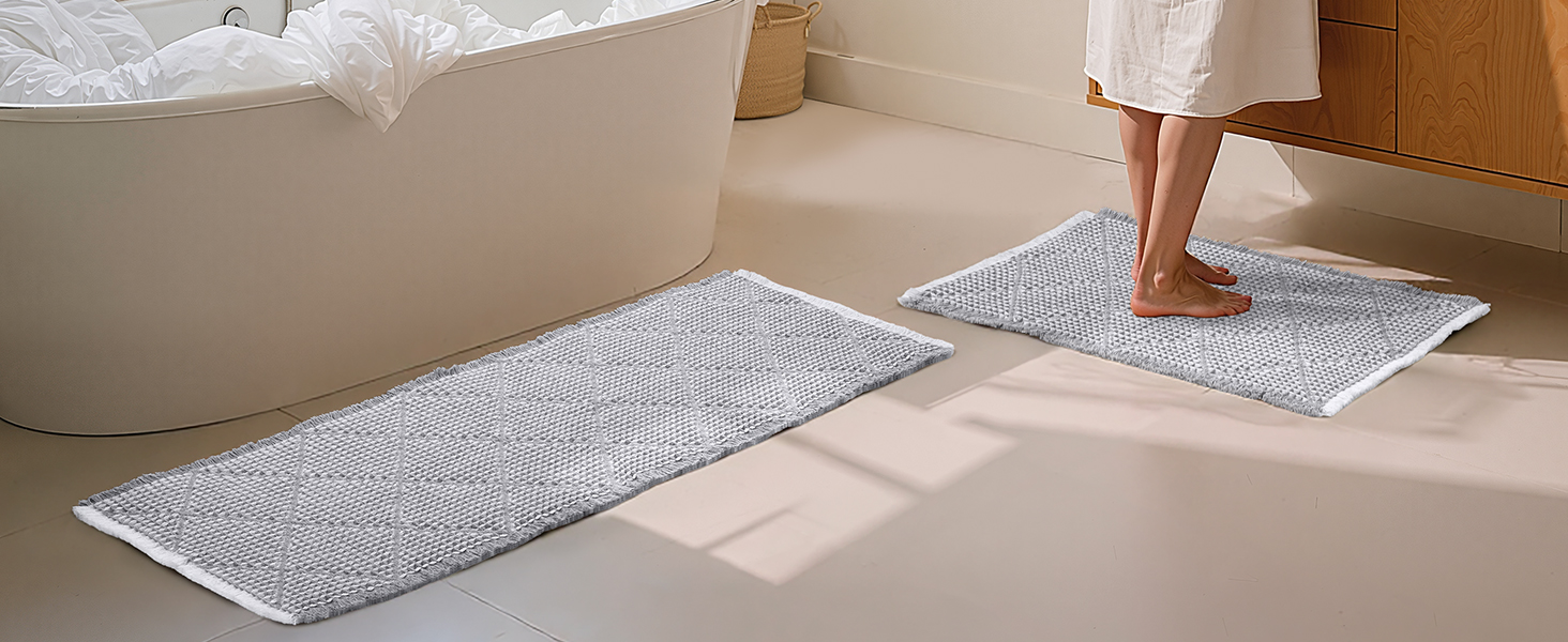 Набір килимків для ванної кімнати 2 шт. Boho стиль, сірий колір, 51x120 см + 46x77 см, нековзкі, для ванної та пральні