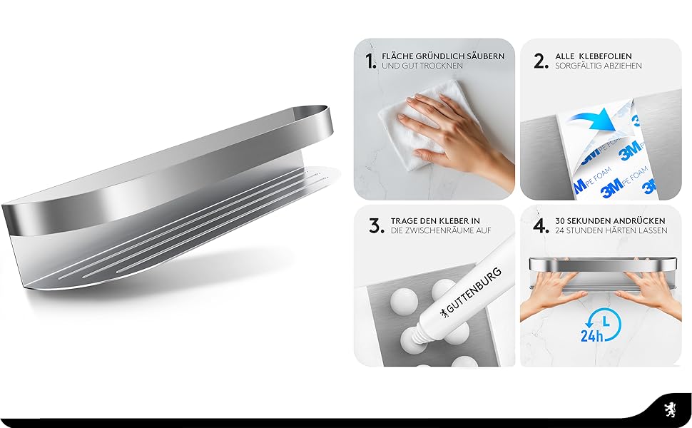 Поличка для душу GUTTENBURG без свердління (XXL, 38 см, 2200 см³), міцна, з нержавіючої сталі, проста установка ARCOS 38