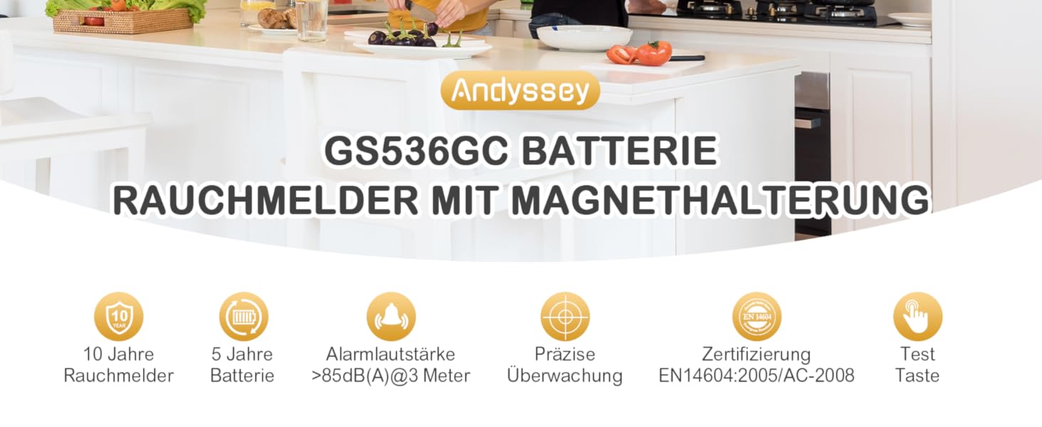 Датчик диму GS536GC з магнітною кріпленням, 5 шт. - Пожежний детектор з фотоелектричним сенсором, сертифікований DIN EN14604, 85 дБ