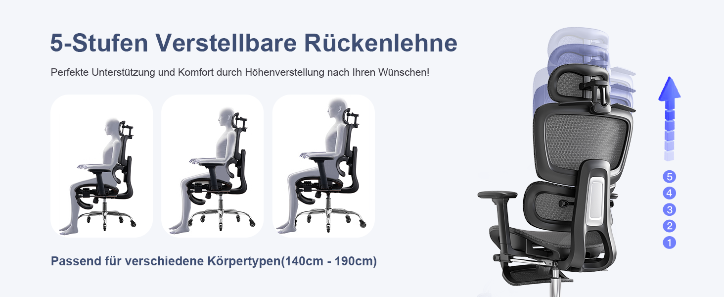 Ергономічне крісло для офісу з підніжкою та подушкою для шиї, 5-рівневе регулювання спинки, 2D підтримка попереку, 3D підлокітники/підголівник, функція нахилу 145°, сітчасте сидіння, гумові колеса, чорний колір, Pro