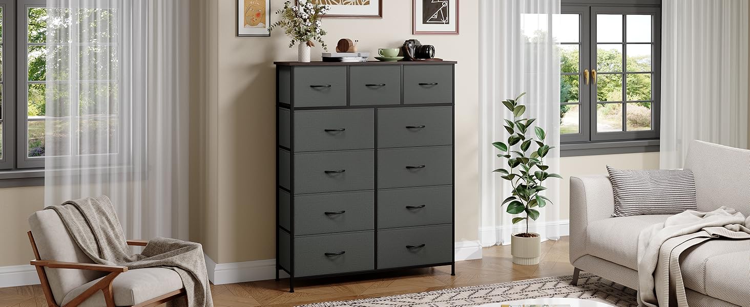 Комод з шухлядами Somdot, тканинний комод, комод для спальні, вітальні, передпокою, 5/11 шухляд, білий, штучна шкіра (кольори: котравий сірий, 30T x 100B x 118.5H см)