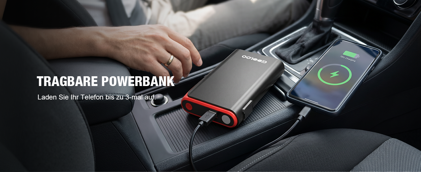 Пусковий пристрій (бустер) GOOLOO GE2000 2000A з функцією Powerbank та швидкою зарядкою USB, чорний
