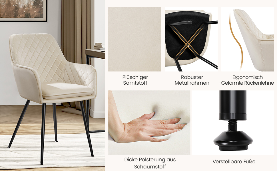 Стільці для обідньої зони Yaheetech, кухонні стільці з м'яким сидінням та підлокітниками, штучна шкіра, набір 4 шт., коричневий (бежева тканина)