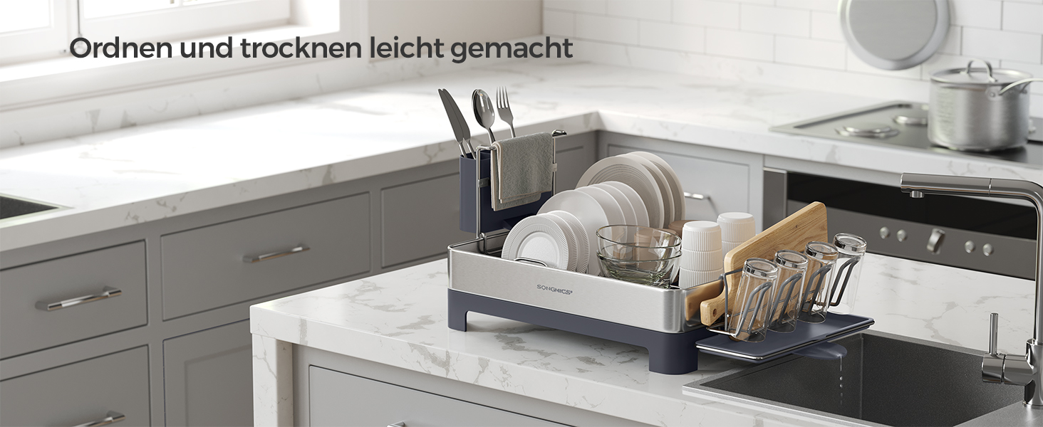 Стійка для сушіння посуду SONGMICS з нержавіючої сталі, з піддоном, для кухні, 31,7 x 57,2 см, срібно-сіра