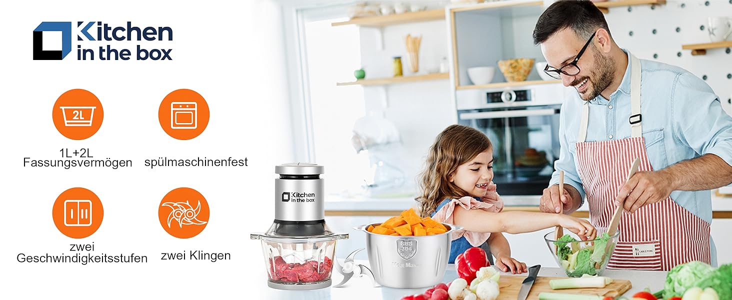 Електричний подрібнювач для кухні Kitchen in the Box 400W з 2 чашами (2L+2L) та двосторонніми лезами з нержавіючої сталі. Подрібнювач для м'яса, овочів, цибулі, фруктів срібного кольору.