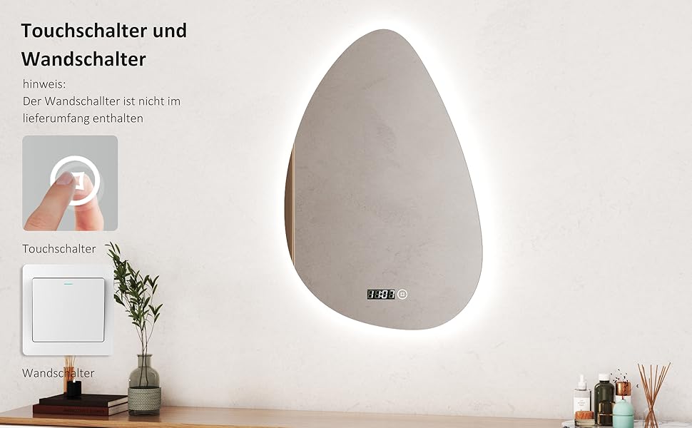 Дзеркало для ванної кімнати з підсвічуванням та годинником 50x70 см, LED, сенсорне керування, 3 кольори світла, диммування, 2470LM, стиль Jy01