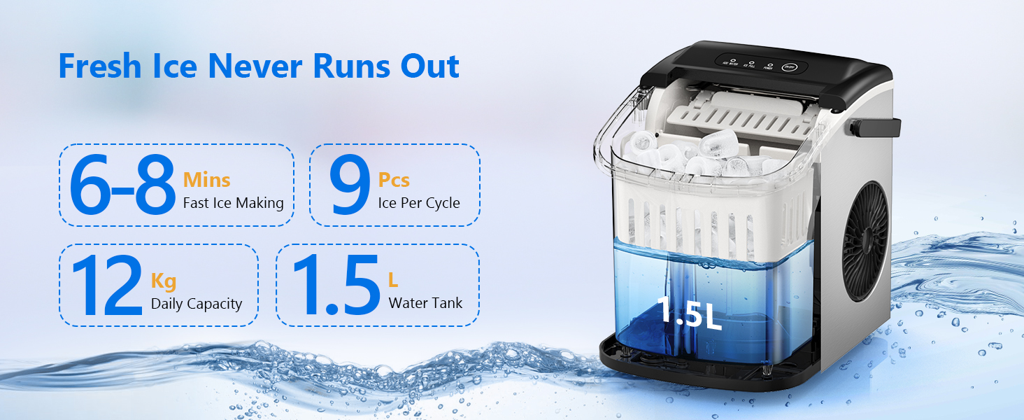 VINATO Льодогенератор портативний для дому та офісу, 12 кг/24 год, срібний. Швидке виробництво льоду (6-8 хв), з лопаткою та кошиком.