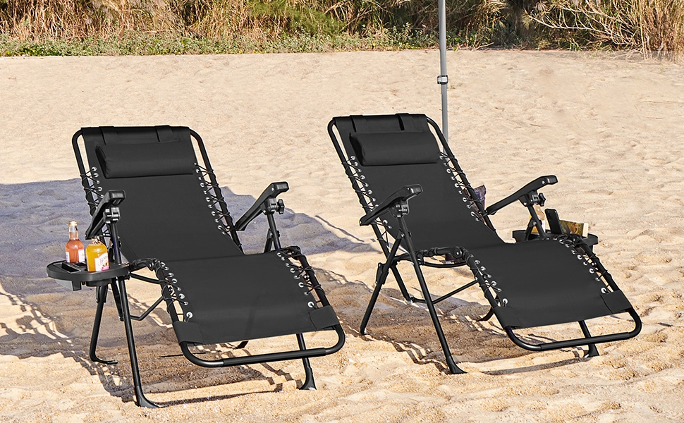 Розкішна розкладна шезлонг Yaheetech для саду, балкону та пляжу з подушкою та тримачем для напоїв (Чорний)