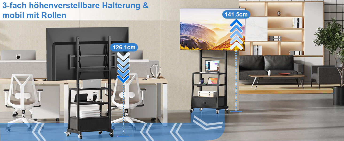 Підставка для телевізора на колесах з ящиком, чорна, 140 см. Підходить для телевізорів 32-75 дюймів