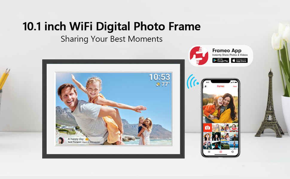 Цифровий фоторамка FRAMEO з Wi-Fi, 32GB, 10.1 дюйма, сенсорний екран, автоповорот, датчик руху, Frameo App для обміну фото з будь-якого місця