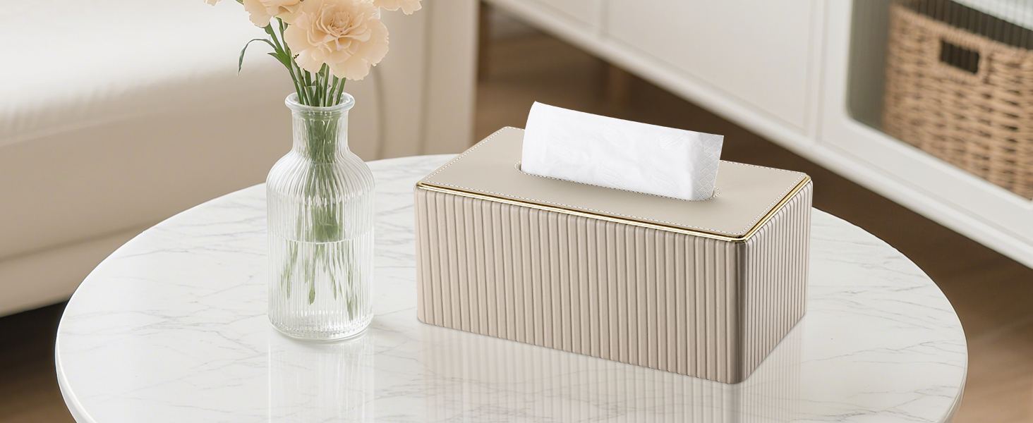 Склянка для серветок KINGFOM з золотим краєм, з PU шкіри, для вітальні, ванної кімнати та офісу (Бежева, прямокутна)