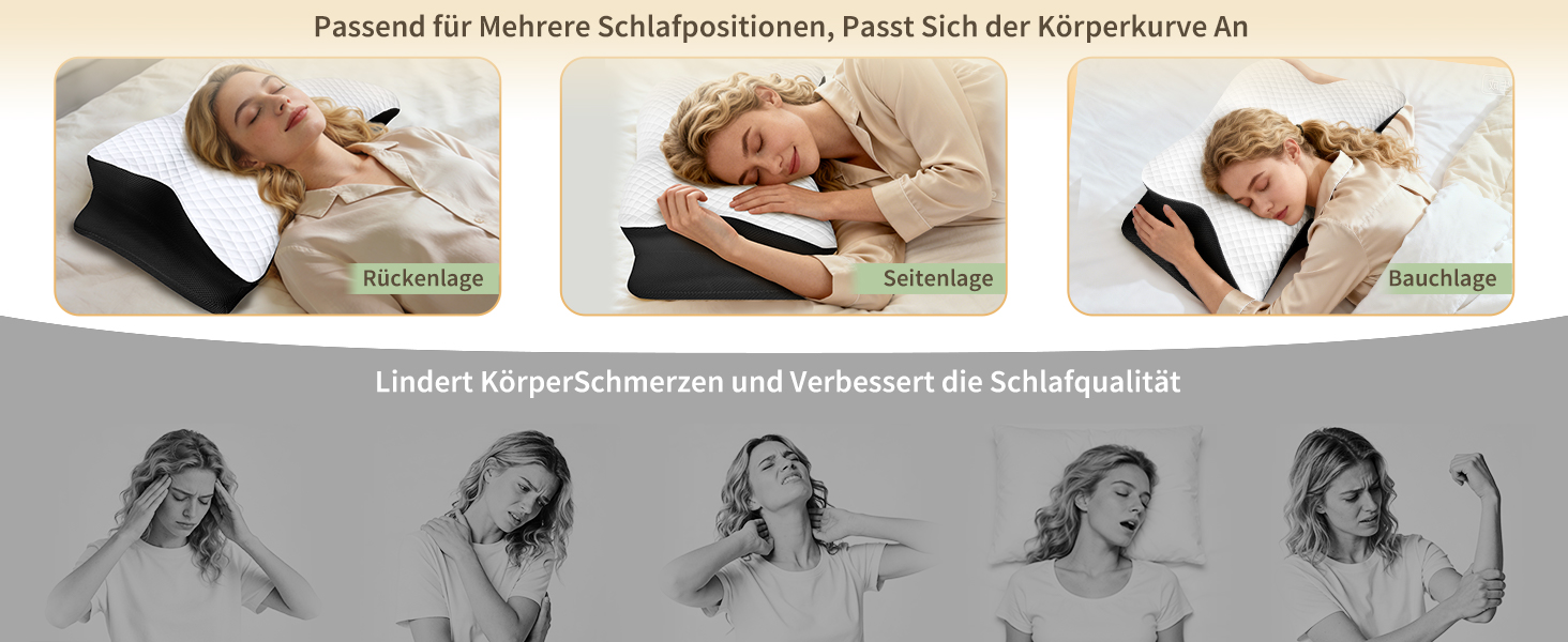 Ортопедична подушка для шиї з Memory Foam, ергономічна для сну на боці, спині та животі, 61.7x37x13/13.6 см, чорна