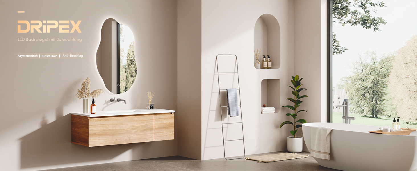 Дзеркало для ванної кімнати Dripex LED з підсвічуванням, сенсорне керування, регулювання яскравості, 3 кольори світла, без запотівання, асиметричне, 85x52 см