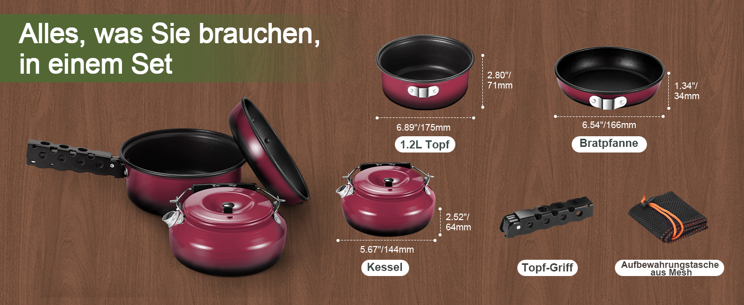 Набір посуду для кемпінгу Odoland 5шт: каструля, сковорода, чайник з знімним ручками. Ідеально для пікніків, походів та кемпінгу. Зелений антипригарний набір посуду.