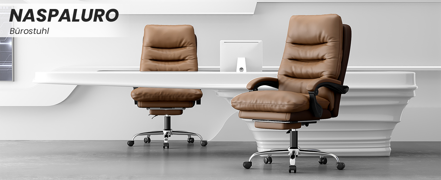 Ергономічне крісло для офісу Naspaluro з підніжкою, комп'ютерне крісло з подвійним шаром подушок, високою спинкою, функцією відкидання, регулюванням висоти, PU-шкіра, до 150 кг (колір: коричневий, штучна шкіра)