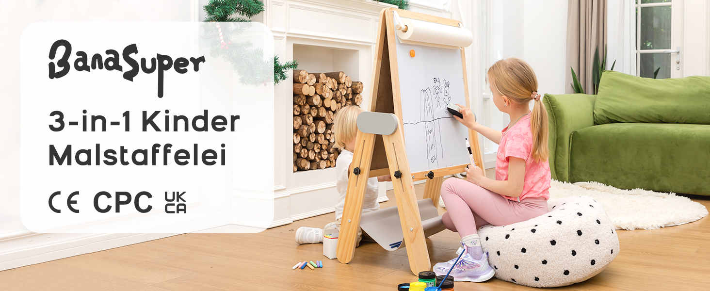Дитяча мольберт BanaSuper 3-в-1: магнітна дошка, біла дошка, велика поверхня для малювання | Регульована висота (90-110 см), складаний | Для творчості дітей, сірий