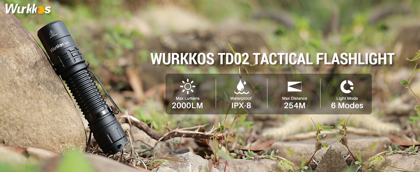 Ліхтар Wurkkos TD02 LED, 2000 люмен, USB-C акумуляторний, IP68, 6 режимів, для вулиці/приміщення, чорний