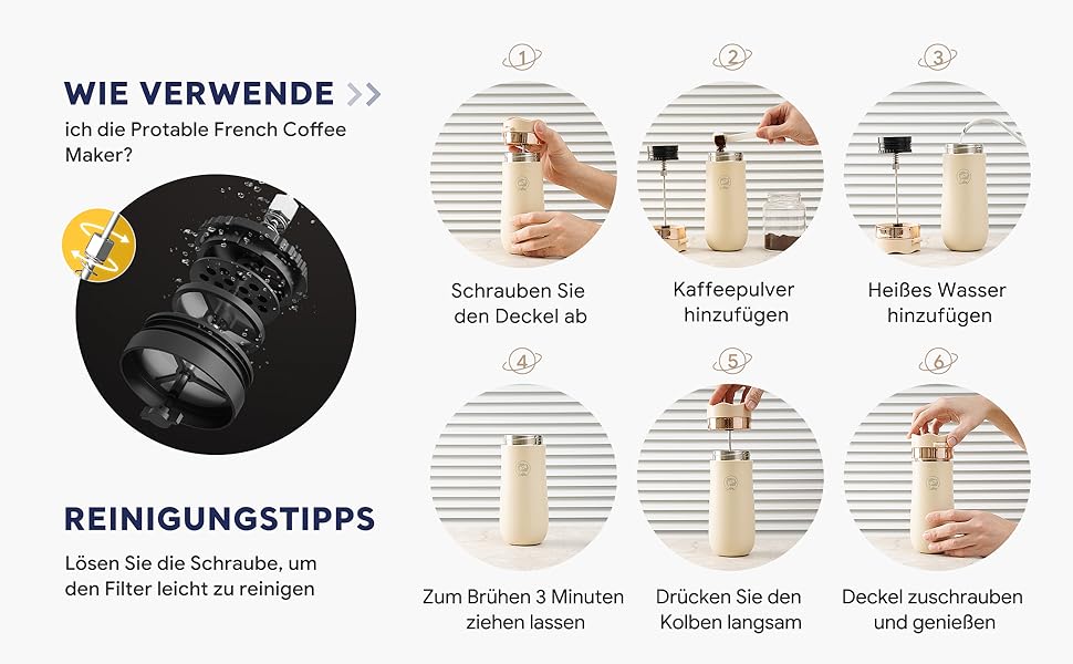 RECAFIMIL Французька кавомашина для подорожей з нержавіючої сталі, 340 мл, для кемпінгу та подорожей, кремовий колір