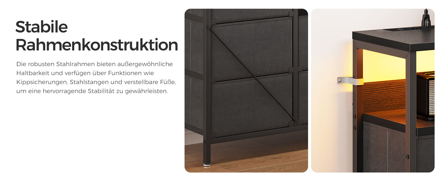 Комод Coleshome з висувними ящиками, світлодіодною підсвіткою, 2 USB та 2 розетки AC, 7 тканинних ящики, для спальні/вітальні, 132*30*89 см, чорний