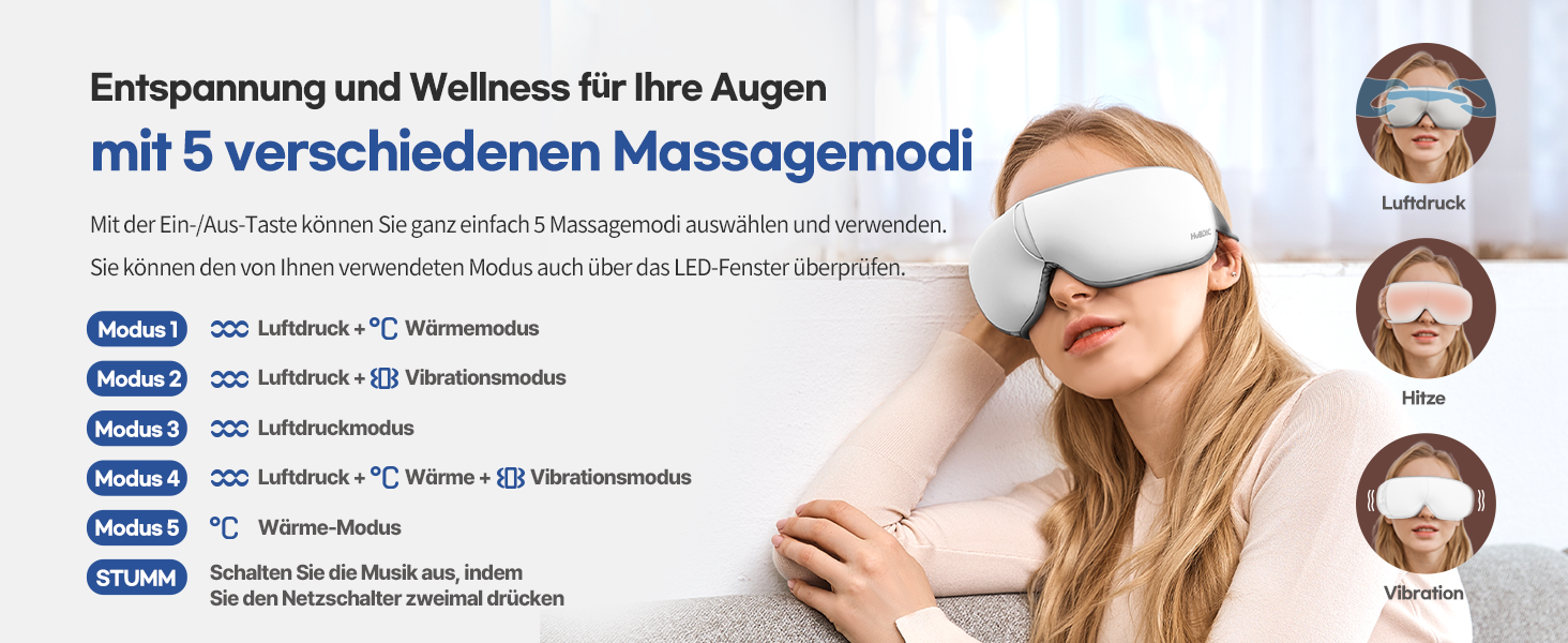 Масажер для очей HubiCare з підігрівом та вібрацією: для зняття втоми, мігрені та темних кіл під очима