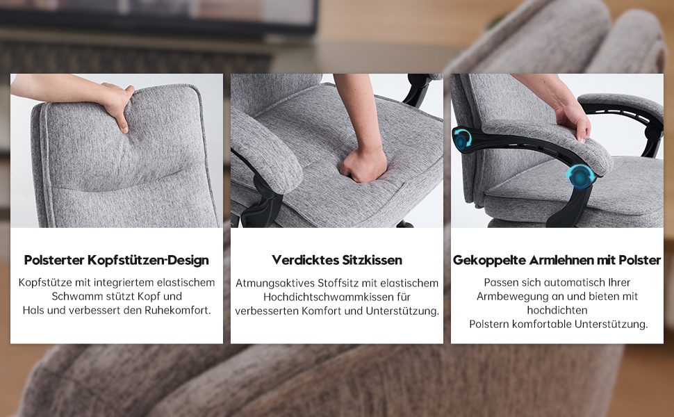 Ергономічне крісло для офісу: офісне крісло, крісло для начальника, комп'ютерне крісло з підніжкою та регульованою спинкою 90-135° для дому/офісу, сіре, тканина, 150 кг