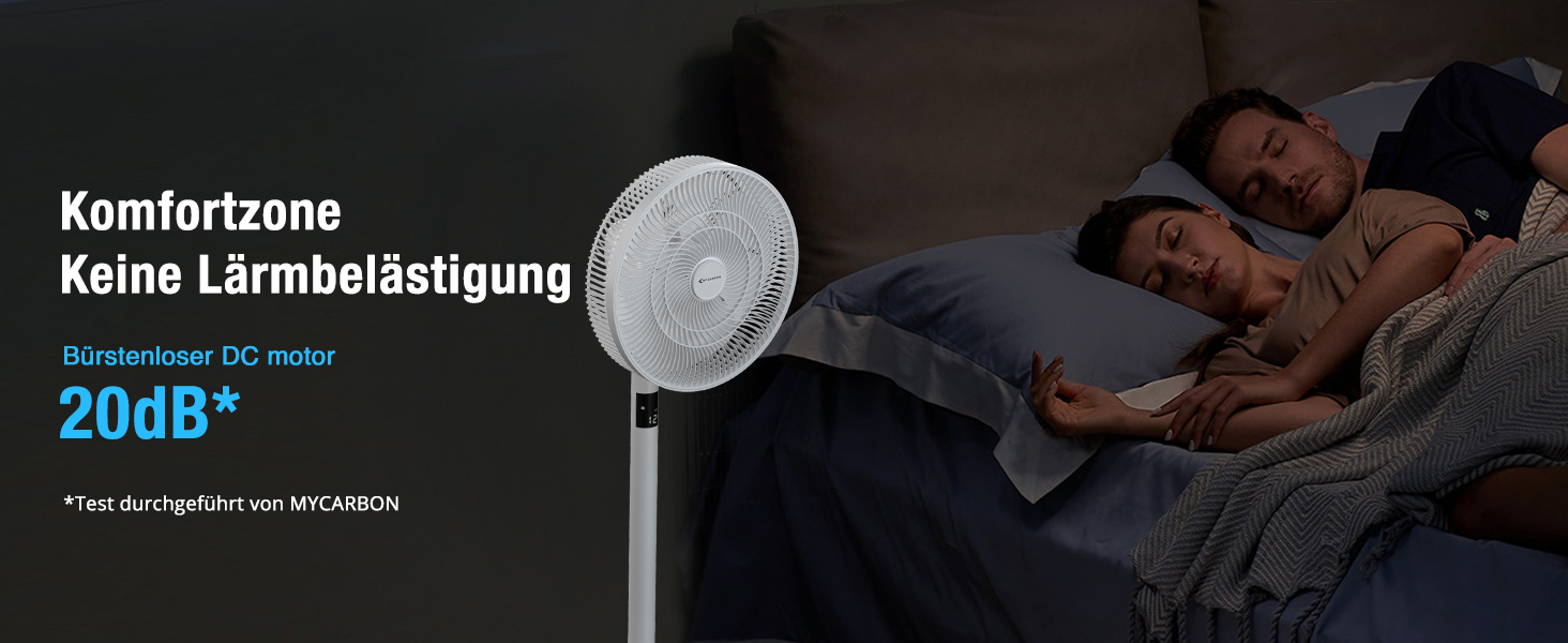 Вентилятор підлоговий MYCARBON DC мотор, надтихий (20дБ), LED дисплей, 12 швидкостей, пульт, 60/90/120° осциляція, таймер 12 год, 14 дюймів, для кімнати до 20 м²