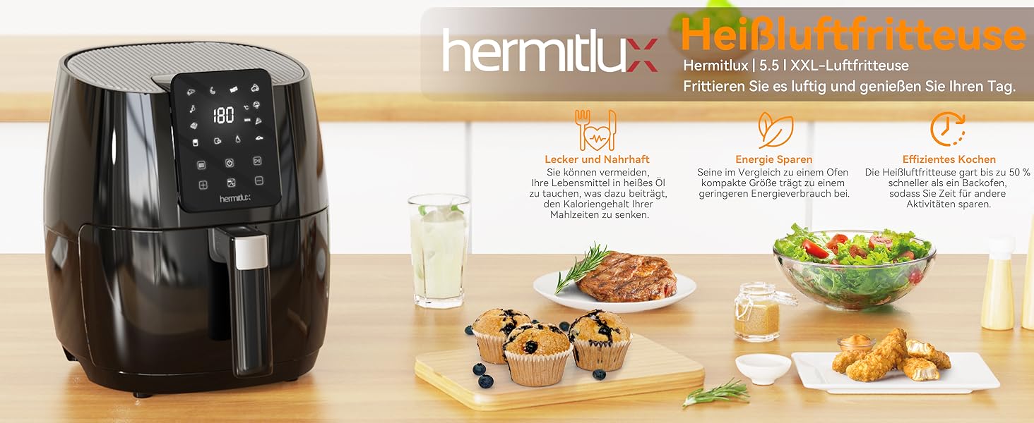 Фритюрниця Hermitlux 5.5 л XXL, 10 програм, світлодіодна сенсорна, без олії, попередній нагрів, 1500 Вт, можна мити в посудомийній машині