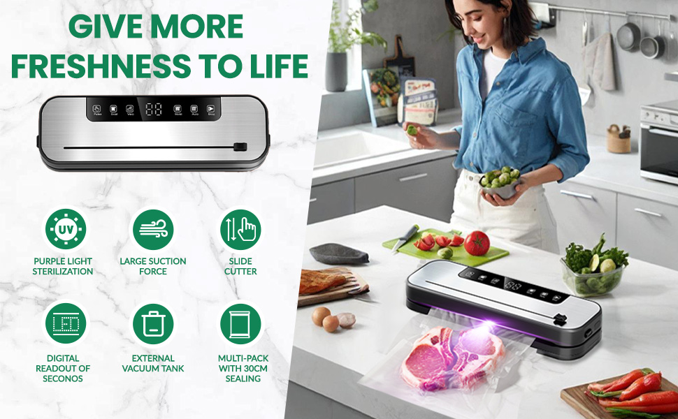 Вакууматор для продуктів 6-в-1, професійний автоматичний вакуумний пакувальник з різаком, цифровим таймером та набором з 50 пакетів і шланга, 75КПа