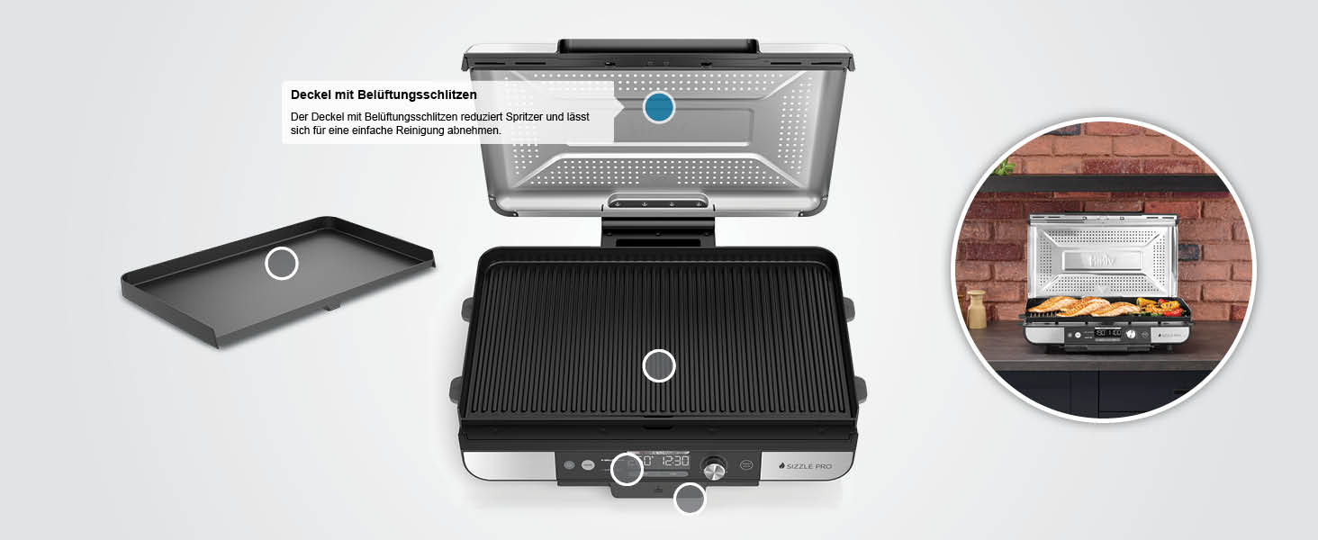 Ninja Sizzle Pro XL: гриль та плоча для дому з антипригарним покриттям, збірний, з піддоном для жиру та рецептами, срібно-чорний, GX101EU XL