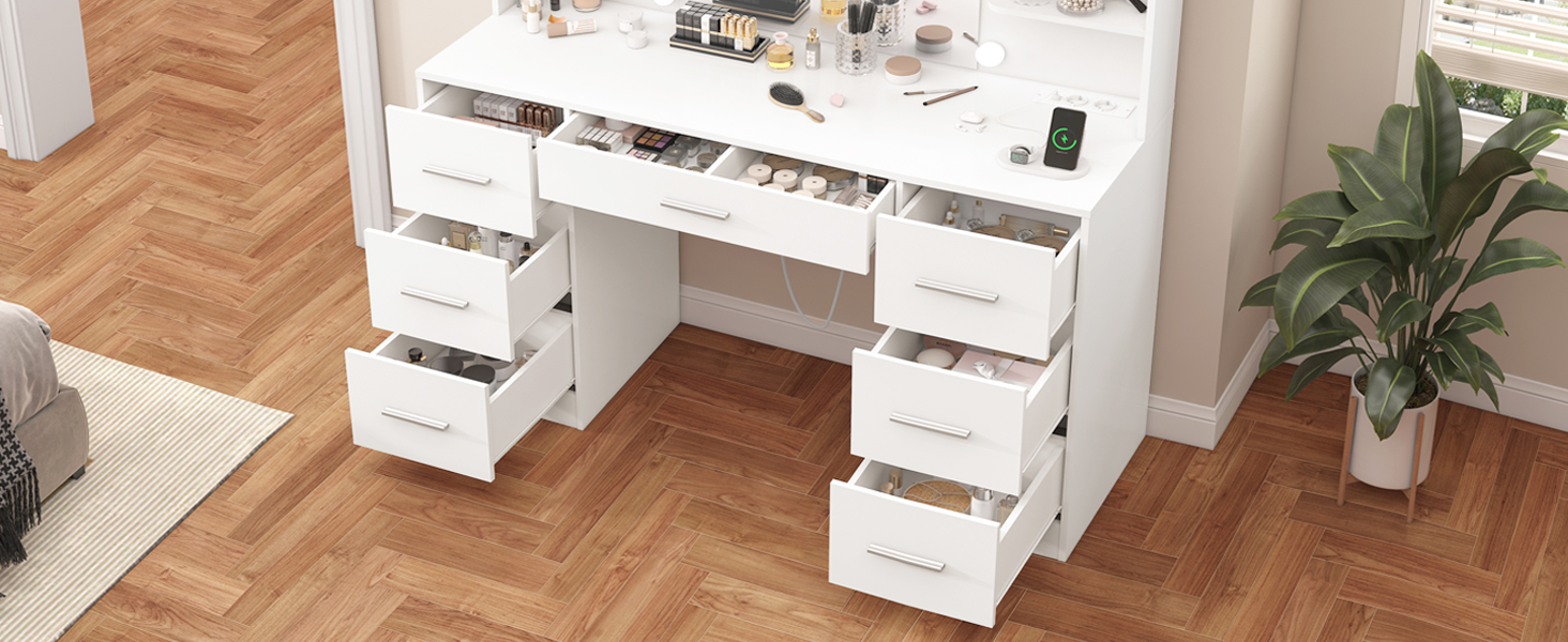 Дзеркальний туалетний столик TEENFON з LED-підсвіткою, 7 ящиками та 4 відкритими полицями, білий