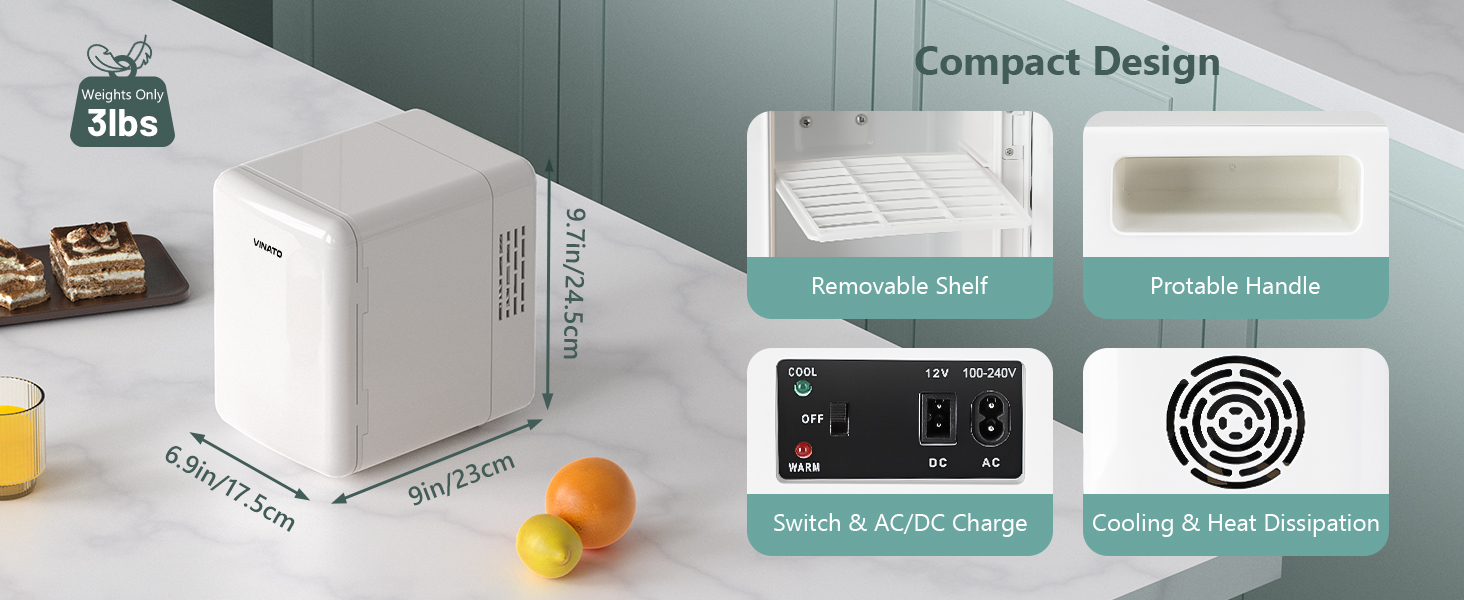 Міні-холодильник VINATO для косметики та напоїв, 4 л, 220V/12V, білий (без дзеркала)