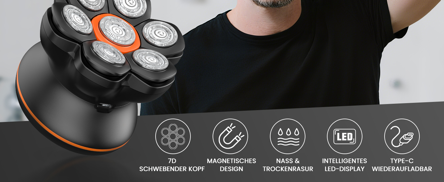 Машинка для гоління голови MAXGROOM Herren 7D, водонепроникна IPX6, з USB-C зарядкою, чорна