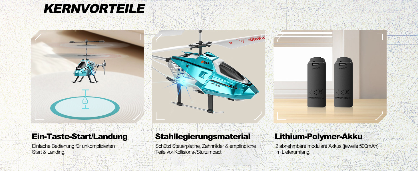 RC Гелікоптер XIKOTEC на радіокеруванні з 2 акумуляторами, LED підсвічуванням, автоматичним злетом/посадкою - іграшка для хлопчиків від 8 років, синій