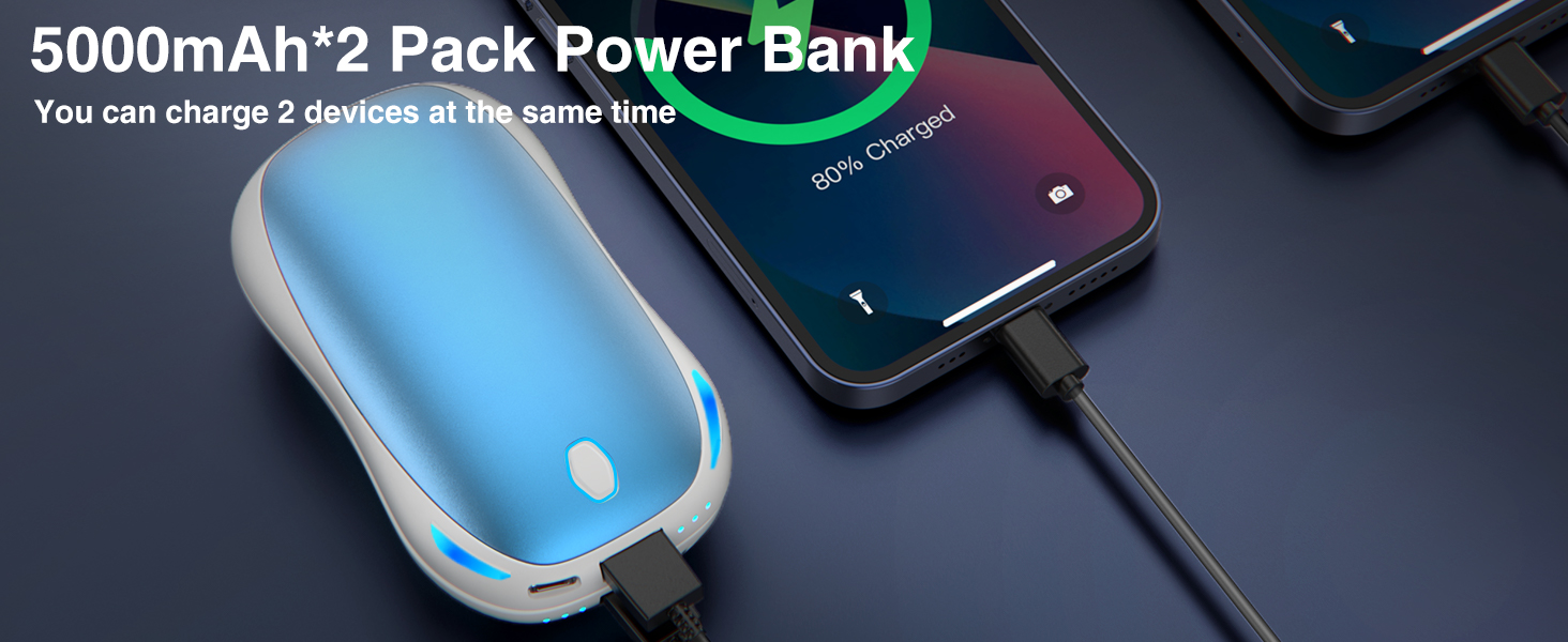 Електричний грієчка для рук 5000mAh, 2 шт. - багаторазовий кишеньковий грієчка для активного відпочинку, зимовий подарунок для дітей, жінок та чоловіків (блакитний)