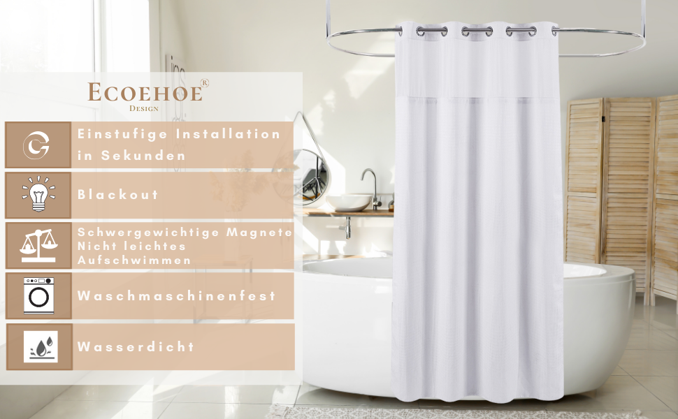 Тканинна шторка для душу з магнітами Snap Liner, біла, 180x200 см