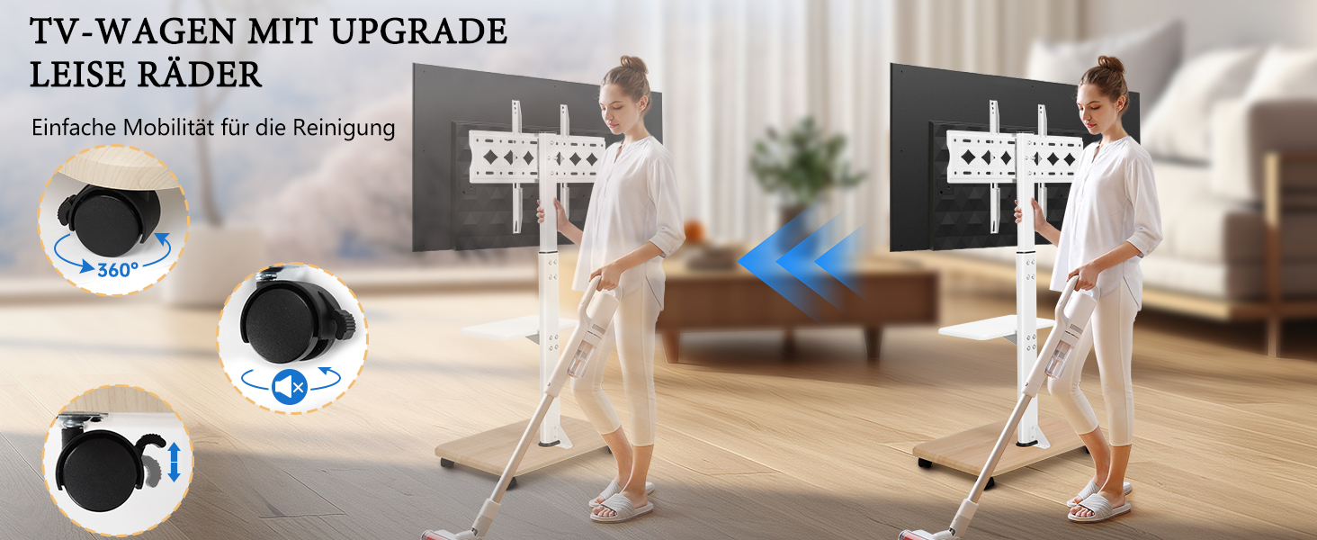 Мобільний ТВ-стіл Hellsehen для LED/LCD/OLED телевізорів 32-70 дюймів (до 45.4 кг), білий, з регулюванням висоти та блокованими колесами