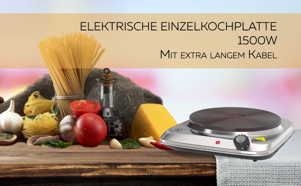 Електрична варильна плита преміум-класу 1500 Вт, нержавіюча сталь, 1 варильна поверхня, кабель 130 см, для кухні/офісу/кемпінгу