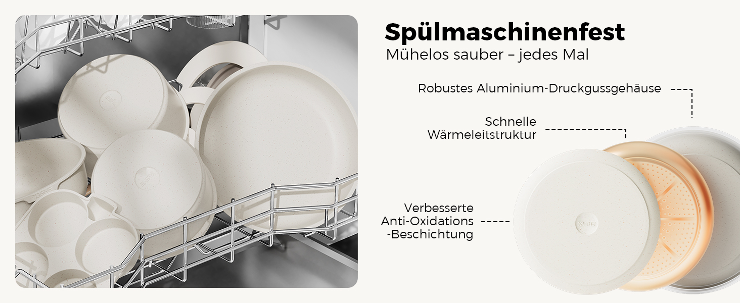 Набір посуду YASHE 20 предметів: каструлі та сковорідки з знімними ручками, антипригарне покриття, індукційний, до 230°C, для миття в посудомийній машині, сірий та білий