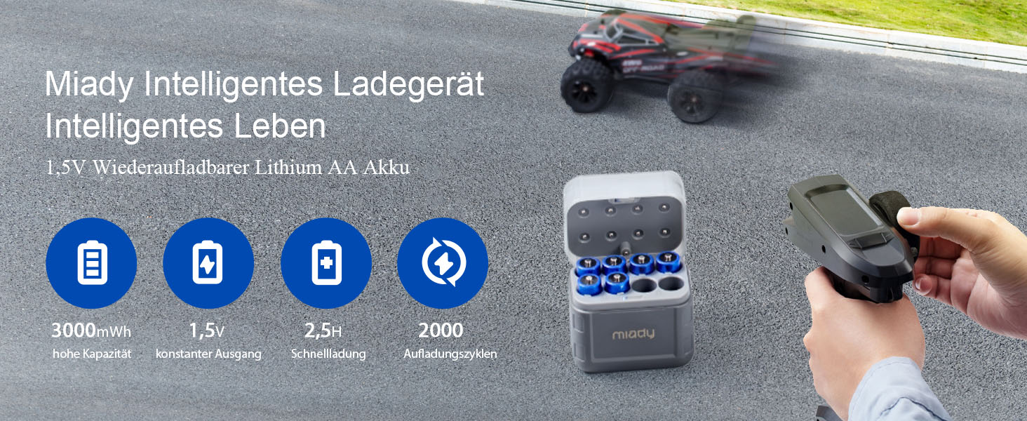 Набір акумуляторів Miady AA Li-ion 3000mWh з зарядним пристроєм, 8 шт. — перезарядні літієві батарейки