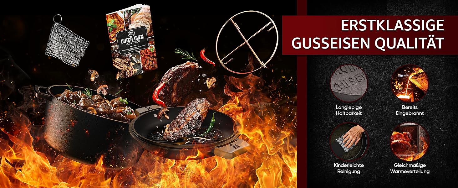 Голландська піч 2в1 з чавуну, 4.8л + сковорода з чавуну 1.8л - набір посуду для приготування, BBQ, кемпінгу та кухні. З кулінарною книгою та аксесуарами. 30 років гарантії. Чорний колір.