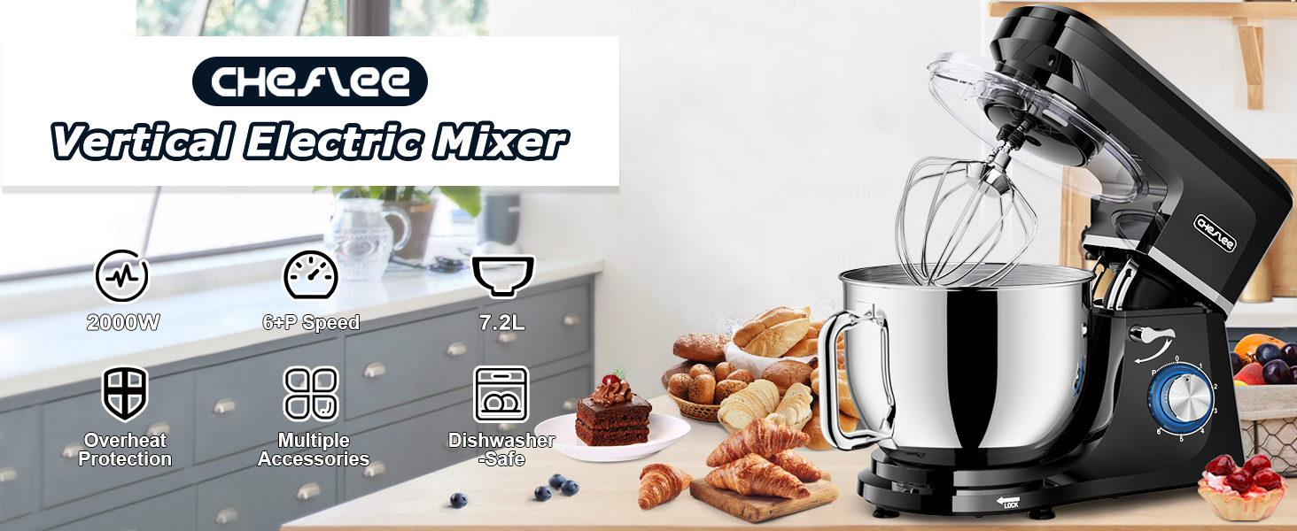 Кухонна машина Cheflee 2000W: потужна планетарна міксер для тіста та збивання, 6 швидкостей, 7.2 л чаша з нержавіючої сталі, гак та вінчик, захист від бризок, чорний