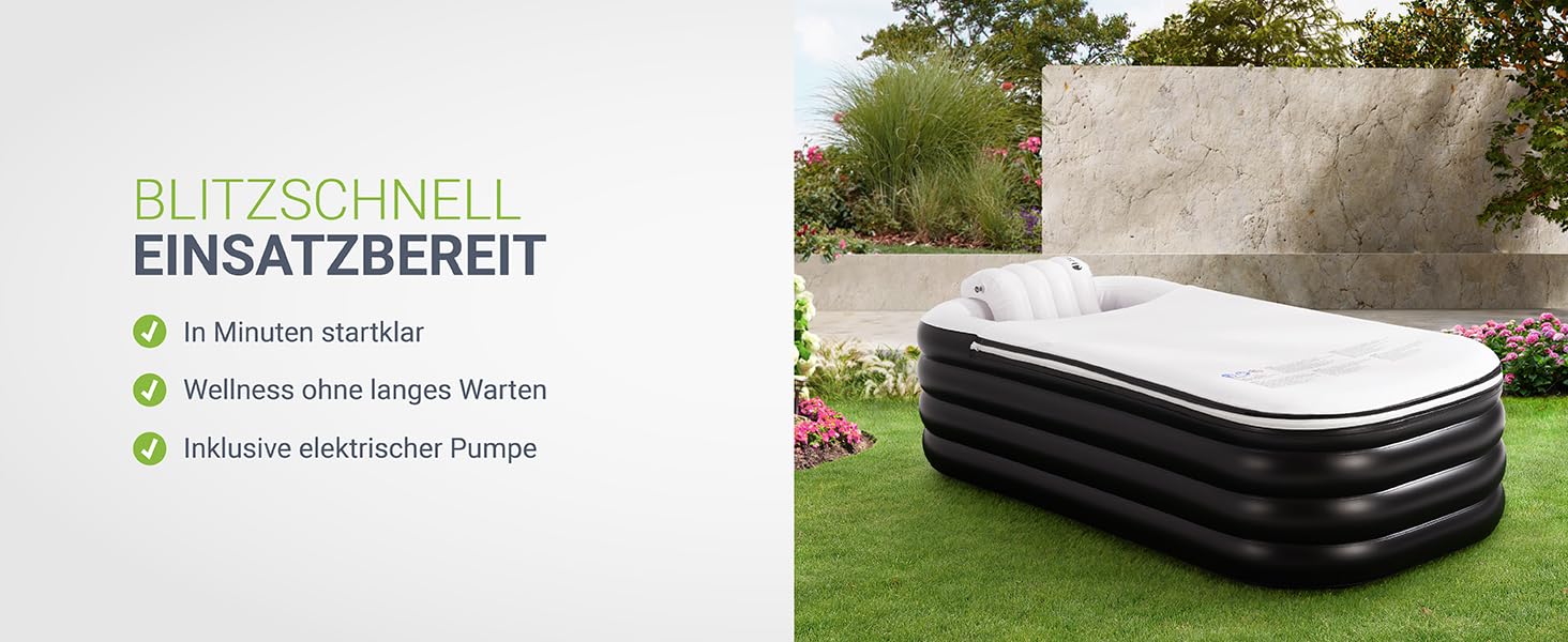 Надувна ванна Juskys M - для відпочинку на відкритому повітрі, складана, мобільна, з підголівником, для балкона, чорна, з кришкою та насосом
