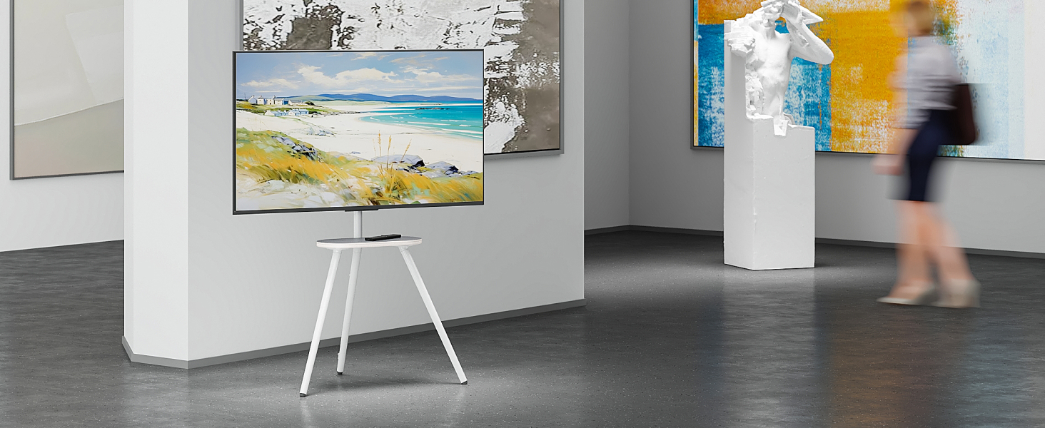 Настінна кріплення для телевізора 43-65 дюймів (LCD, LED, OLED) до 35 кг, регульована висота та поворотна, дерев'яна стійка з дерев'яним підносом, VESA 400x400 мм (білий глянц)