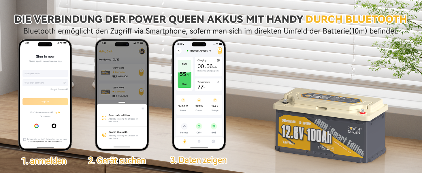 Літієва батарея Power Queen 12,8 В 100 Ач LiFePO4, батарея 1280 Втгод зі 100 А BMS, 4000 циклів зарядки, ідеально підходить як джерело живлення для тягового тролінгового двигуна 30 70 фунтів, автофургону, човна (12V100Ah H190 BT)